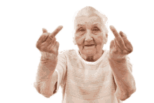 an elderly woman is making a middle finger gesture