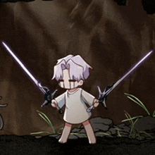 a cartoon character holding two swords in a cave