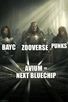 a group of knights standing around a table with the words bayc zooverse punks avium next bluechip written on it