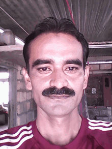 a man with a mustache is wearing a red shirt with white stripes