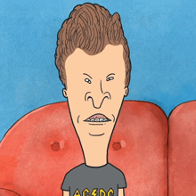 a cartoon drawing of beavis wearing a black ac dc shirt