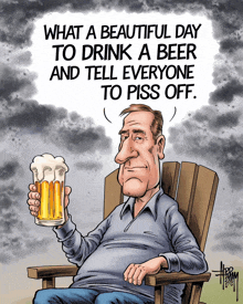 a cartoon of a man holding a glass of beer