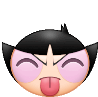 a cartoon character with black hair and pink eyes is sticking out its tongue