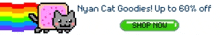 an advertisement for nyan cat goodies up to 60 % off with a green shop now button