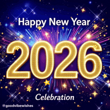 a happy new year celebration poster with fireworks and the year 2026