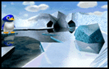 a blue and white penguin is standing on a snowy surface