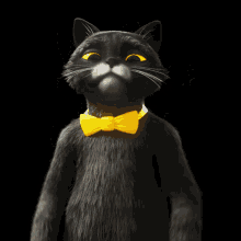 a black cat with a yellow bow tie