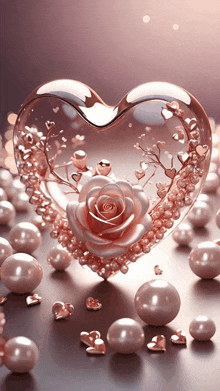 a heart with a rose inside of it surrounded by pearls and hearts