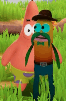 patrick star and spongebob squarepants characters are standing next to each other in the grass .