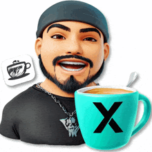 a man with a beard is smiling next to a cup of coffee with the letter x on it