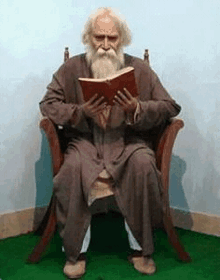 an old man with a beard is sitting in a chair reading a book