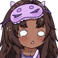 a drawing of a girl with a sleep mask on her head and the word cutie on her necklace