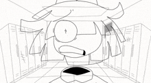 a black and white drawing of a cartoon character in a hallway with lockers .