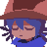 a pixel art drawing of a girl with blue hair and a hat