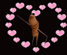 a cartoon character with long legs is surrounded by pink hearts on a black background