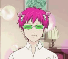 a cartoon character with pink hair and green glasses is wearing a white shirt .