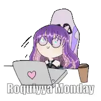 a cartoon of a girl with purple hair sitting in front of a laptop with the words roquiya monday written on the bottom