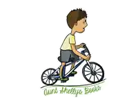 a cartoon of a boy riding a bike with aunt shelly 's books below him