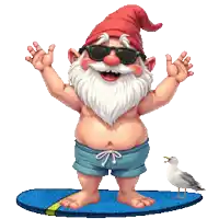 a gnome wearing shorts and sunglasses is standing on a surfboard