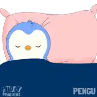 a cartoon of two penguins sleeping under a pink pillow with the word pengu below them
