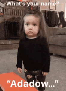 a little girl standing in front of a fireplace with the words " what 's your name " written above her