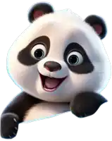 a cartoon panda bear is smiling and looking over a sign