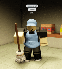 a cartoon character is holding a mop in front of boxes that say food # 1