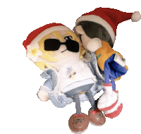 a stuffed toy wearing a santa hat is holding another stuffed toy wearing sunglasses