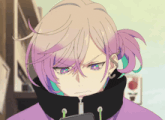 a person with purple hair and a black jacket