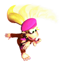 a cartoon monkey wearing a pink hat is jumping