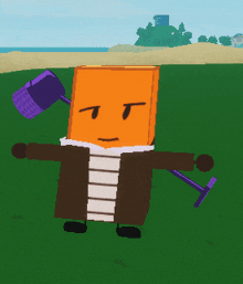 a cartoon character is holding a hammer and a bucket