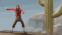 a man in a red jacket is dancing next to a green cactus