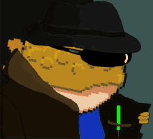 a pixel art drawing of a man wearing a black hat and sunglasses that says blurtley