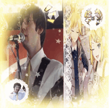 a man singing into a microphone next to a picture of a boy and girl