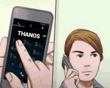 a cartoon of a person talking on a cell phone with the word thanos on the screen .