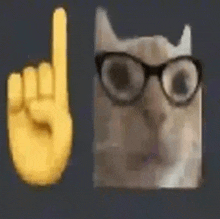 a cat wearing glasses and a yellow hand pointing up next to it .