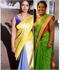 a woman in a yellow and blue saree and a woman in a green saree