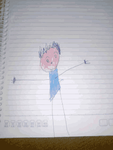 a child 's drawing of a boy in a blue shirt is on a notebook that says dom