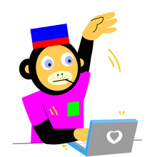 a cartoon of a monkey wearing a pink shirt and a blue hat