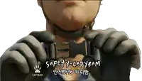 a man wearing a helmet with safety-capybam written on the bottom right