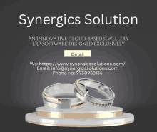 an ad for synergics solution an innovative cloud based jewellery erp software designed exclusively