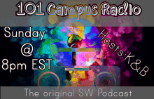 an advertisement for 101 campus radio shows a colorful background