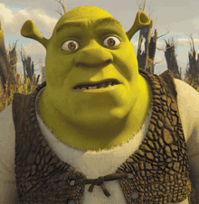 shrek from shrek is wearing a brown vest and a white shirt