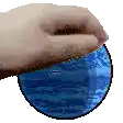 a pixelated image of a hand holding a blue sphere