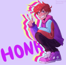 a colorful drawing of a boy with the word honk in the background