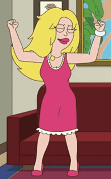 a cartoon woman in a pink dress is dancing in front of a couch