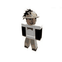 a roblox character wearing a hat and a white shirt is standing on a white background .