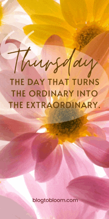 a picture of flowers with the words thursday the day that turns the ordinary into the extraordinary on it