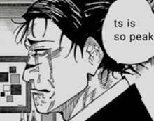 a black and white drawing of a man with the words ts is so peak behind him