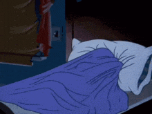 a cartoon drawing of a bed with a blue blanket and white pillow
